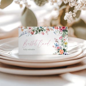 Colorful Wildflower Buffet Card Table Signs. Bridal Love In Bloom Catering Place Cards. Printable Wedding Folded Card. Editable. FLL01