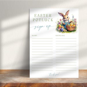 Puede incluir: Una hoja de inscripción para un potluck de Pascua imprimible con una linda ilustración de un conejito. La hoja de inscripción tiene dos columnas etiquetadas como "Nombre" y "Traer".
