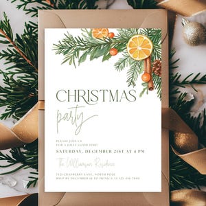 May include: A Christmas party invitation with a watercolor design of greenery, orange slices, and cinnamon sticks. The invitation includes the text "CHRISTMAS party" and event details. The invitation is set on a marble surface with gold ribbon and pine branches.