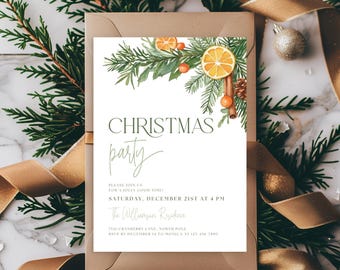 May include: A Christmas party invitation with a watercolor design of greenery, orange slices, and cinnamon sticks. The invitation includes the text "CHRISTMAS party" and event details. The invitation is set on a marble surface with gold ribbon and pine branches.
