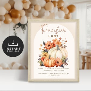 Pacifier Hunt Printable Baby Shower Sign. Pumpkin Fall Florals. Gender Neutral. Soother Shower Game. Instant Download. Autumn Baby. BS44