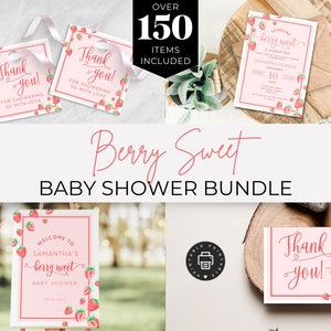 Berry Sweet Baby Shower Bundle. Editable Berry Sweet Baby On The Way Invite. Strawberry Theme Games Signs Favors. Printable Download. BS42