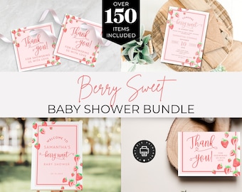 May include: A printable baby shower bundle featuring a pink and red strawberry design. The bundle includes a welcome sign, thank you cards, and an invitation. The invitation text reads "Someone's berry sweet, it's almost here!" and "Samantha Conrad, 10 October 2021".
