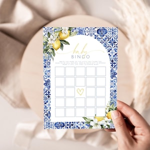 Lemon Baby Bingo. Printable Mediterranean Baby Shower Game. Editable Template. Instant Download. Citrus Italian Blue Tile Bingo Card. BS52