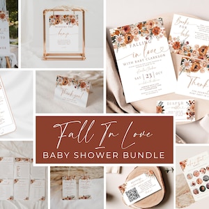 Fall In Love Baby Shower Bundle. Autumn Florals Falling In Love With Baby Theme. Invite Games Signss Decoration. Editable Template. BS20