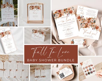 Fall In Love Baby Shower Bundle. Autumn Florals Falling In Love With Baby Theme. Invite Games Signss Decoration. Editable Template. BS20