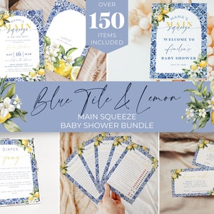Blue Tiles And Lemon Baby Shower Bundle. Positano Amalfi Coast Theme. Mama's Main Squeeze Invitation Games & Signs. Editable Template. BS52