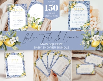 Blue Tiles And Lemon Baby Shower Bundle. Positano Amalfi Coast Theme. Mama's Main Squeeze Invitation Games & Signs. Editable Template. BS52