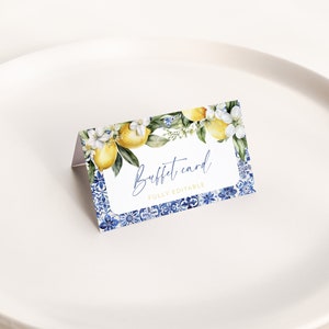 Blue Tile Lemon Decor. Custom Buffet Card Template Canva. Main Squeeze Food Label. Printable Tented Menu Card. Editable Template. FLL52