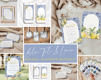 Blue Tiles Lemon Bridal Shower Bundle. Mediterranean She Found Her Main Squeeze. Editable Amalfi Coast Shower Invitation Signs Games. FLL52