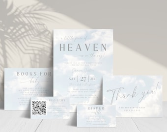 Little Piece Of Heaven Invitation Bundle. Editable Cloud Baby Shower Template. Instant Download. Printable Invite Set. Diaper Raffle. BS15