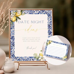 Date Night Ideas For Bride & Groom. Amalfi Coast Bridal Shower Date Jar Decor. Editable Blue Tile Citrus  Template. Instant Download. FLL52