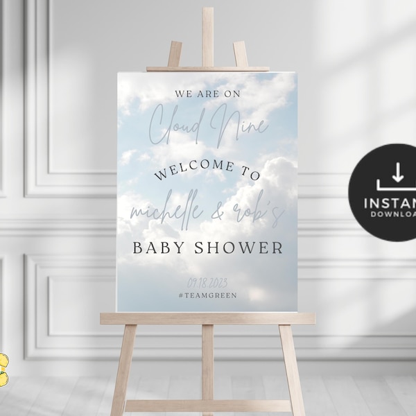 Cloud 9 Baby Shower Welcome Sign. We're on Cloud Nine Welcome Poster. Gender Neutral Baby Shower Welcome. Instant Download. Baby Sign. FLL13