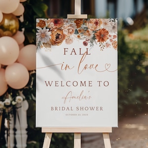 Fall In Love Bridal Shower Welcome Sign. Autumn Floral Welcome Poster Printable. Boho Wedding Shower Decor Sign. Editable Template. FLL20