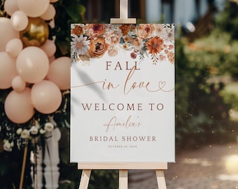 Fall In Love Bridal Shower Welcome Sign. Autumn Floral Welcome Poster Printable. Boho Wedding Shower Decor Sign. Editable Template. FLL20