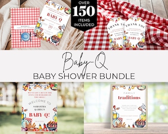 May include: A Baby-Q baby shower bundle with over 150 items included. The bundle includes a welcome sign, a family traditions sign, a thank you tag, and an invitation. The signs and tags feature a watercolor illustration of a barbecue with food, drinks, and decorations.