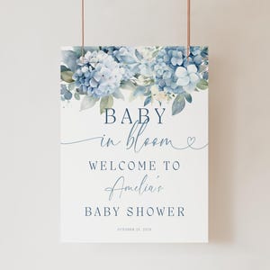 Baby In Bloom Welcome Sign Blue. Boy Baby Shower Poster Printable. Dusty Blue Florals Welcome. Wildflower Decor. Editable Template. BS30