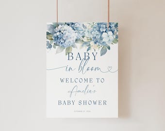 Baby In Bloom Welcome Sign Blue. Boy Baby Shower Poster Printable. Dusty Blue Florals Welcome. Wildflower Decor. Editable Template. BS30
