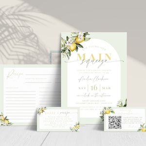 Main Squeeze Bridal Shower Invitation Bundle. Instant Download Editable Template. Printable Invite & Recipe Cards. Floral Citrus Theme FLL03