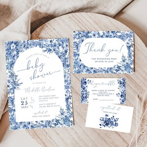 Toile De Jouy Baby Shower Invitation Bundle. Boy Baby Shower Package. Elegant Blue French Floral Invite. Editable Instant Download. BS65