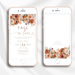 Fall In Love Bridal Shower Evite. Editable Autumn Wedding Shower Electronic Invite. Boho Fall Floral Digital Invitation. Text Email. FLL20