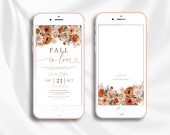 Fall In Love Bridal Shower Evite. Editable Autumn Wedding Shower Electronic Invite. Boho Fall Floral Digital Invitation. Text Email. FLL20