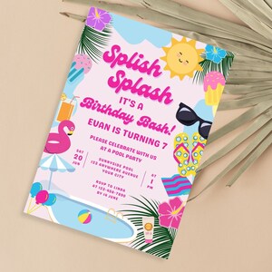 Pool Girls 7th Birthday Invitation Splish Splash Seven year old girl Birthday Invite DOWNLOADABLE Pink Pool Party Summer Outdoor. HB03