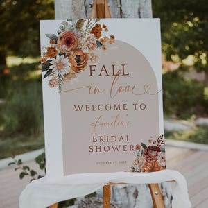 Fall In Love Bridal Shower Welcome Sign. Autumn Floral Welcome Poster Printable. Boho Wedding Shower Decor Sign. Editable Template. FLL20