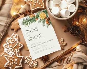 Op de afbeelding: Een feestelijke uitnodiging met de woorden "Jingle and Mingle" is omringd door peperkoek, marshmallows en kerstversiering. De uitnodiging bevat aquarel illustraties van groen, sinaasappels en kaneelstokjes. Het evenement is gepland op 21 december om 16.00 uur.