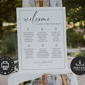 May include: Printable wedding seating chart with a white background and black text. The chart is titled "Welcome, Please Find Your Seat" and lists guest names under table numbers 1 through 6. The bottom of the chart includes the couple's names and wedding date.