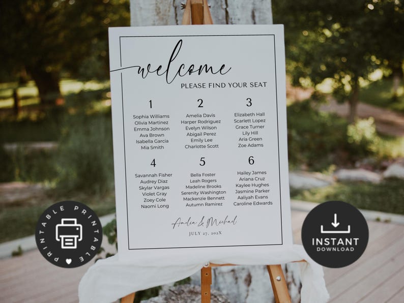 May include: Printable wedding seating chart with a white background and black text. The chart is titled "Welcome, Please Find Your Seat" and lists guest names under table numbers 1 through 6. The bottom of the chart includes the couple's names and wedding date.