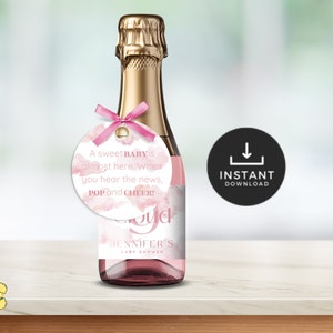 Champagne Baby Shower Label Printable. Pink Cloud 9 Favor Tag. Girl Baby Shower Mini Prosecco Label. We're on Cloud Nine Favor Tag. FLL13
