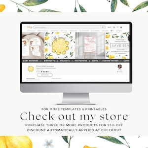 May include: A computer screen displaying an Etsy shop called "Five Little Lemons" with a lemon theme. The shop offers printable templates and digital downloads for baby showers, birthdays, holidays, invitations, signs, custom favors, and games. The text "SAVE 55%" is displayed on the screen, indicating a discount for purchasing three or more products.