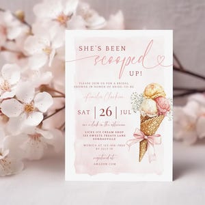Scooped Up Bridal Shower Invitation. Cone Bouquet Pink Ice Cream Editable Template. She's Been Scooped Up Summer Printable Invite. FLL50