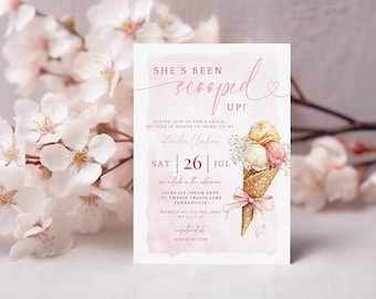 Scooped Up Bridal Shower Invitation. Cone Bouquet Pink Ice Cream Editable Template. She's Been Scooped Up Summer Printable Invite. FLL50