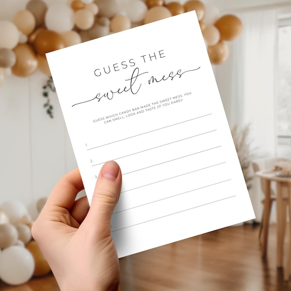 Guess The Sweet Mess Game. Candy Bar Dirty Diaper Game Card. Baby Shower Guess The Chocolate Bar. Minimalist Printable Gender Neutral. MEL