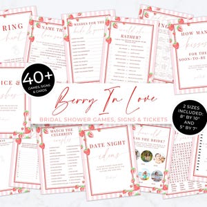 May include: A collection of bridal shower games, signs, and tickets with a strawberry theme. The designs feature pink and white striped borders, strawberry illustrations, and various game titles. Includes two sizes: 8" by 10" and 5" by 7".