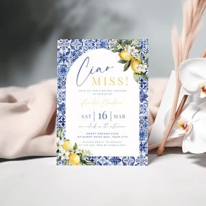Ciao Miss Bridal Shower Invitation. Editable Italian Wedding Shower Invite. Amalfi Mediterranean Summer Template. Lemon La Dolce Vita. WS06