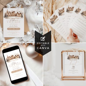 May include: A collage of holiday-themed printables. Includes an invitation, game cards, a phone displaying the invitation, and a sign in a gold frame. The designs feature a watercolor village scene in brown and beige tones.