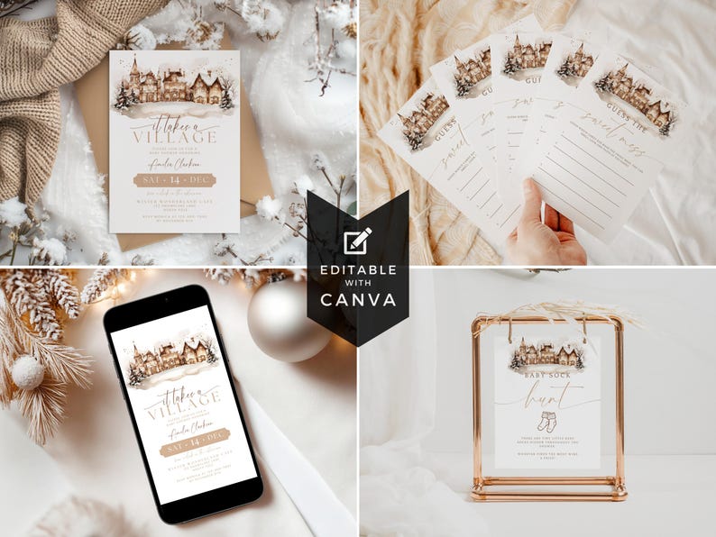 May include: A collage of holiday-themed printables. Includes an invitation, game cards, a phone displaying the invitation, and a sign in a gold frame. The designs feature a watercolor village scene in brown and beige tones.