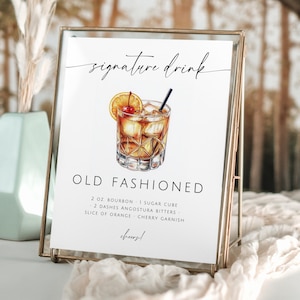 Old Fashion Signature Cocktail Drink Sign. Printable Wedding Template. Minimalist Watercolor Bar Menu Decor. 8x10 Cocktail Recipe Card. DRK