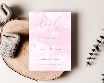 May include: Pink baby shower invitation with a watercolor background of clouds. The text reads "We're on cloud nine" and includes the date, time, and location of the event. The invitation is for a baby shower for a woman named "Aaliyah Collins".