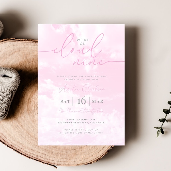 On Cloud Nine Baby Shower Invitation. Editable Invite. Baby Girl Pink Cloud 9 Template. Instant Download. Printable. 4 by 6. Pink Sky FLL103