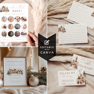 May include: A collection of baby shower stationery with a winter village theme. Includes a "Who's That Baby?" game, sign-in sheet, advice cards, diaper raffle cards, and a "Measure the Bump" game. The text "Editable with Canva" is also visible.