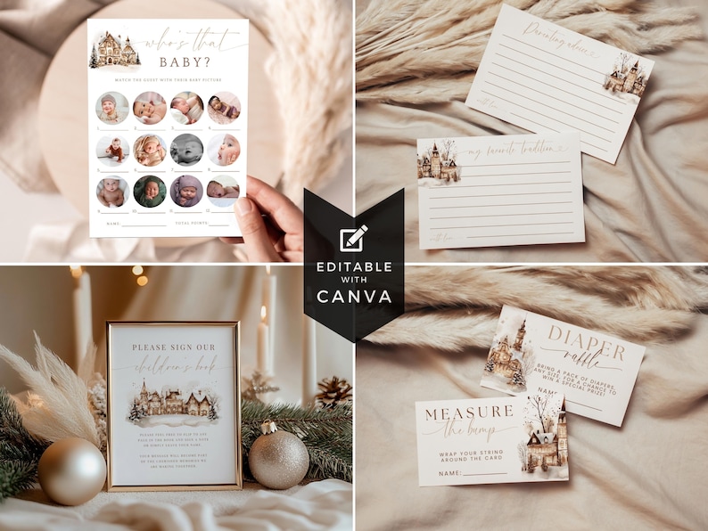 May include: A collection of baby shower stationery with a winter village theme. Includes a "Who's That Baby?" game, sign-in sheet, advice cards, diaper raffle cards, and a "Measure the Bump" game. The text "Editable with Canva" is also visible.