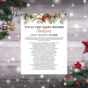 May include: A printable Christmas-themed game card with the title "'Twas the Night Before Christmas Left Right Game". The card features a festive green and red floral design with a white background. The game instructions are printed in black text.