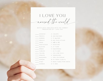 I Love You Around The World Game. Love Language Translation Game. Modern Minimalist Bridal Shower. Printable Card. Editable Template. GRD