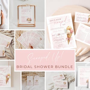 May include: A collection of bridal shower stationery in pink and cream. The design includes ice cream cone illustrations with watercolor scoops. The text "She's Been Scooped Up!" is featured on invitations, advice cards, and other items, creating a cohesive theme.