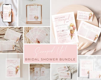 Scooped Up Bridal Shower Bundle. Ice Cream Theme Summer Wedding Shower Invitation Template. Printable Pink Bow Games Signs & Favors. FLL50