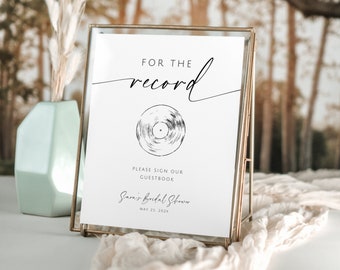 For The Record Sign Our Guestbook. Minimalist Bridal Shower Decor. Editable Template. Audio Guest book Sign. Record Wedding Guestbook. GRD